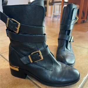 Vince Camuto Black Leather Wethima Moto Boots with Gold Buckles